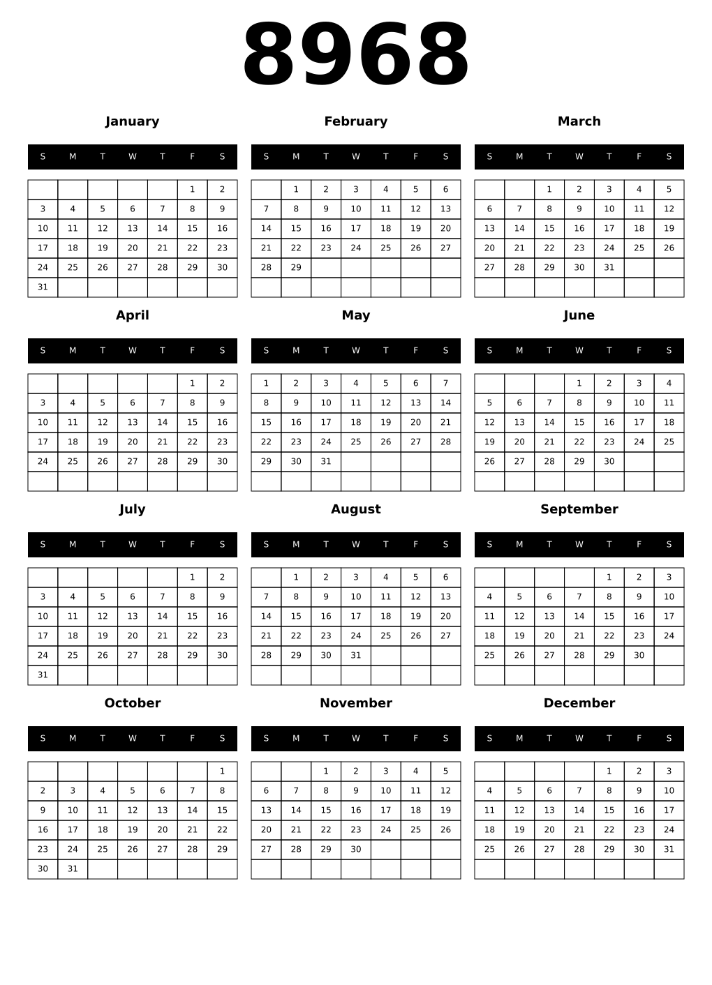Printable 8968 Calendars