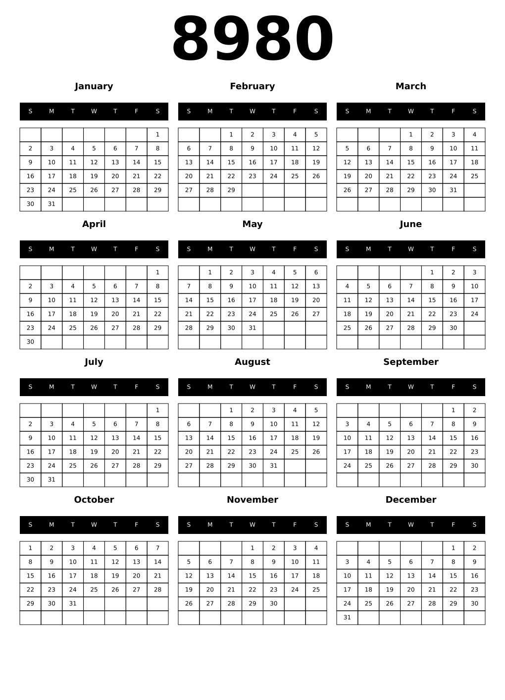 Printable 8980 Calendars