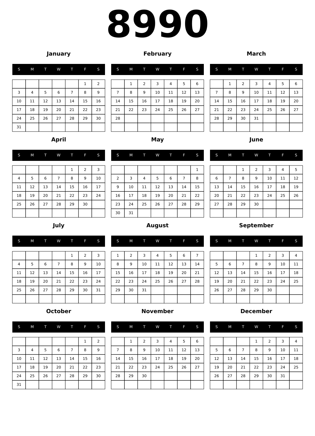 Printable 8990 Calendars