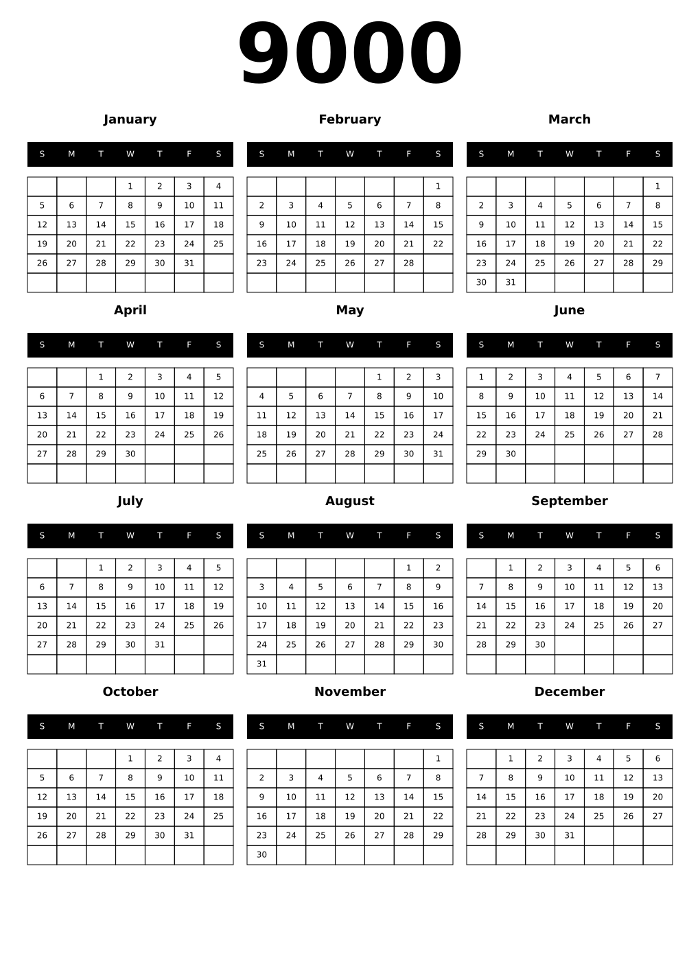 Printable 9000 Calendars