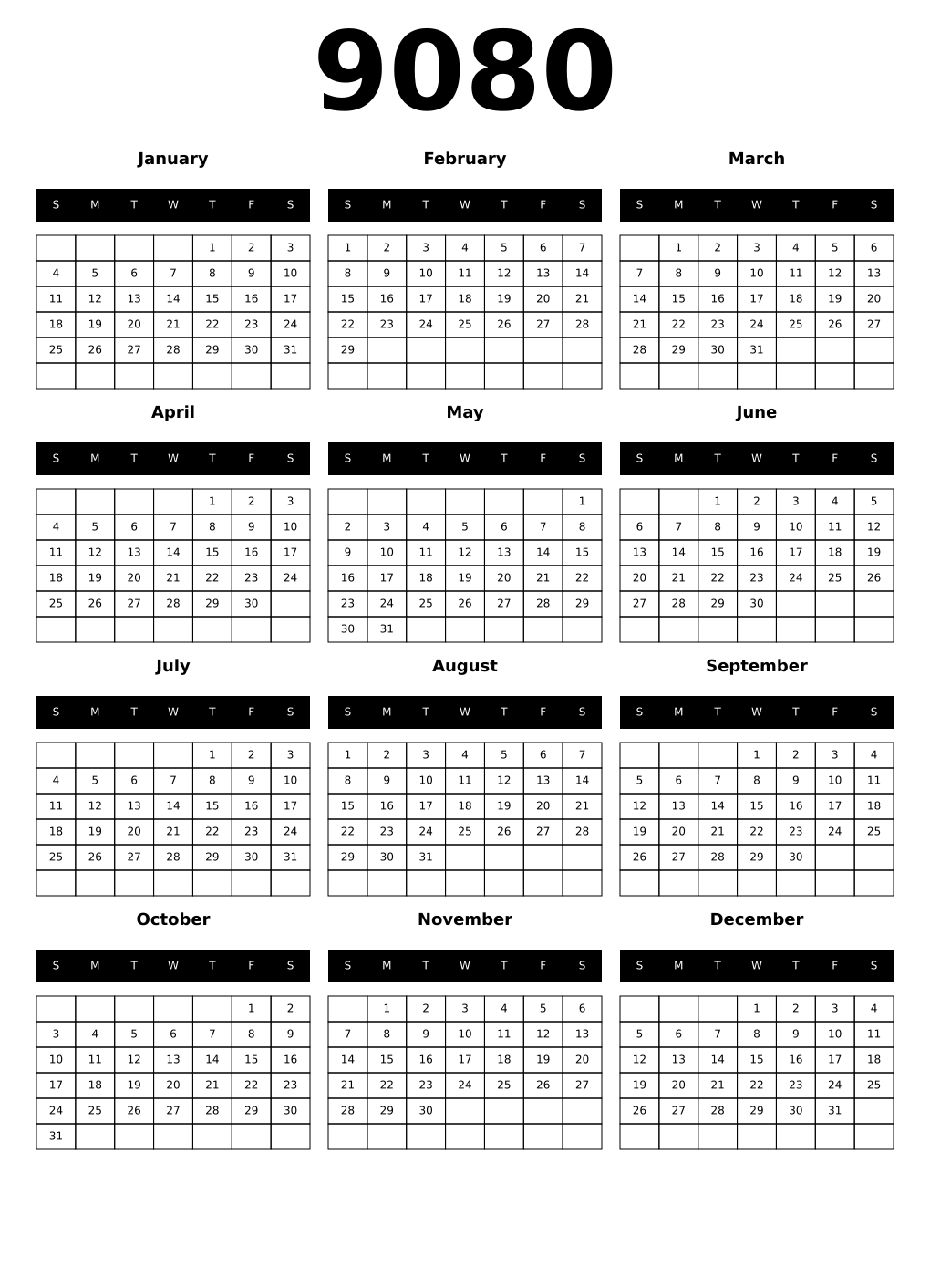 Printable 9080 Calendars