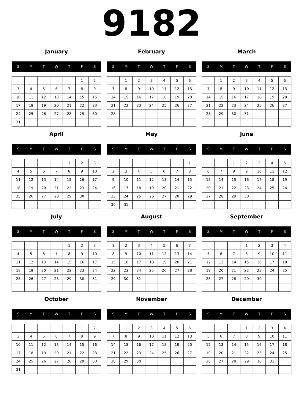 Printable 9182 Calendars