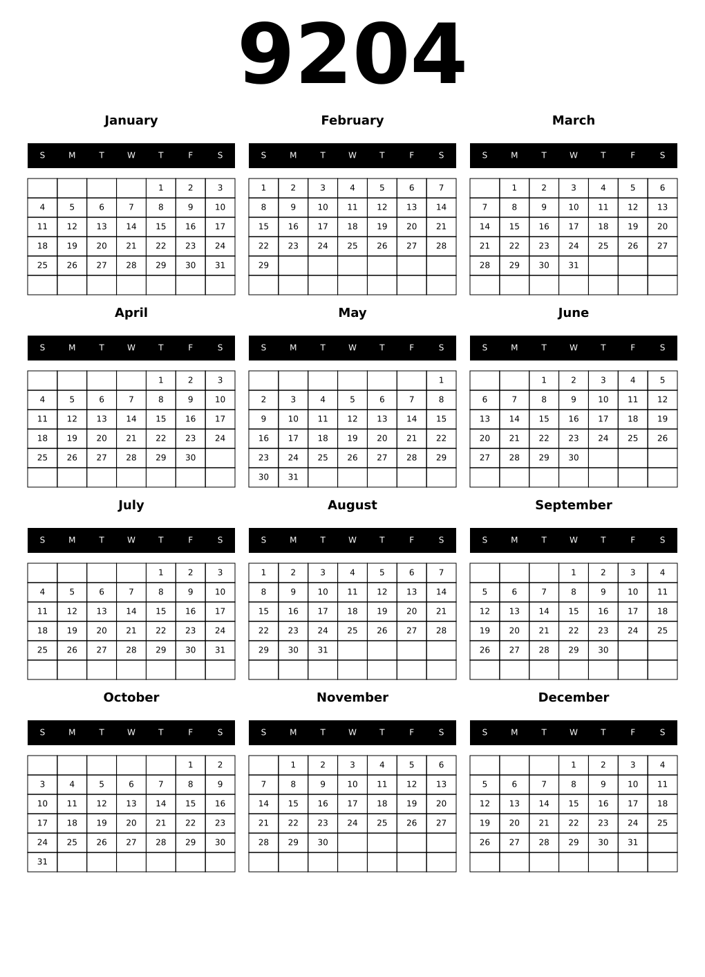Printable 9204 Calendars