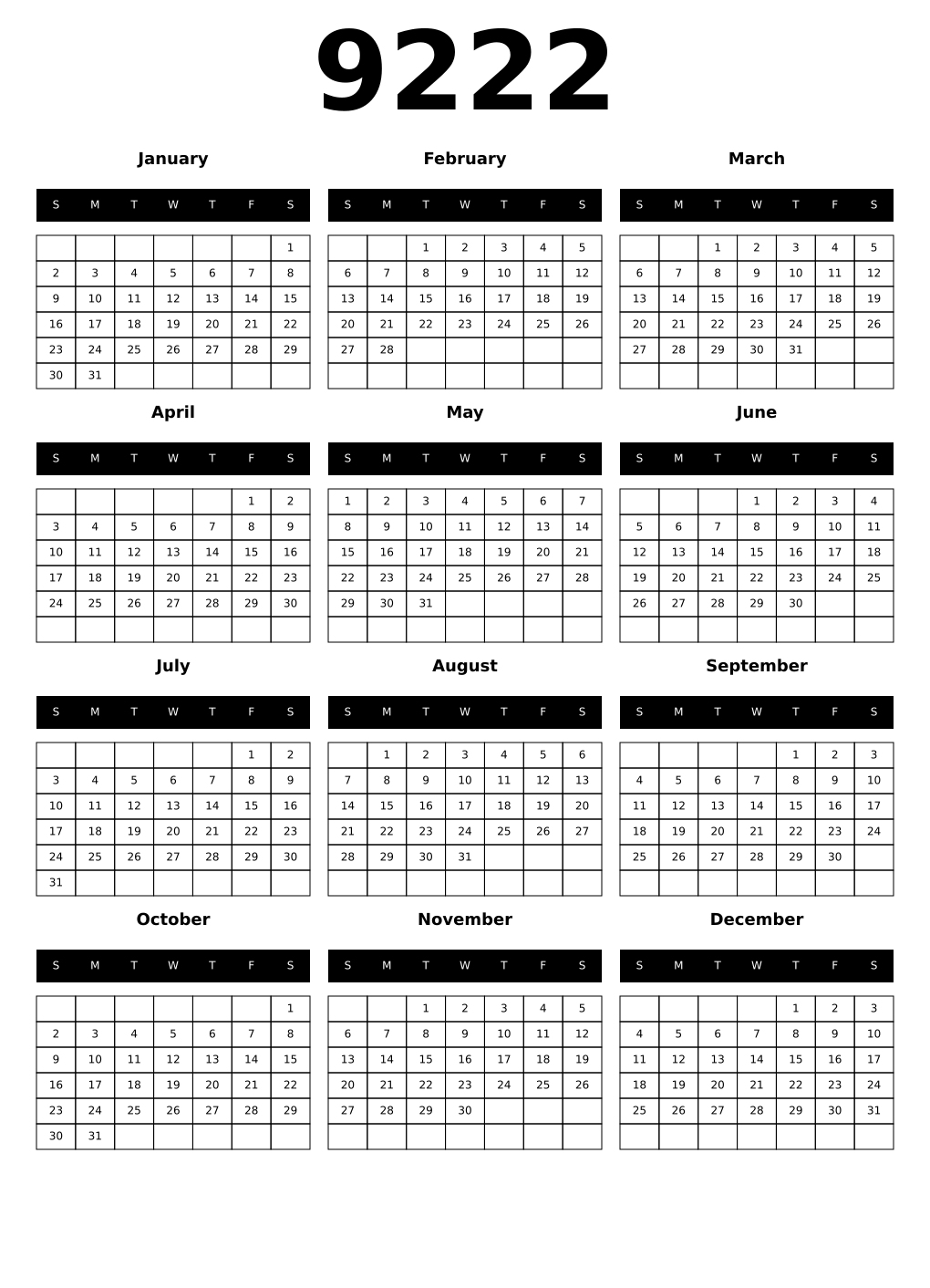 Printable 9222 Calendars
