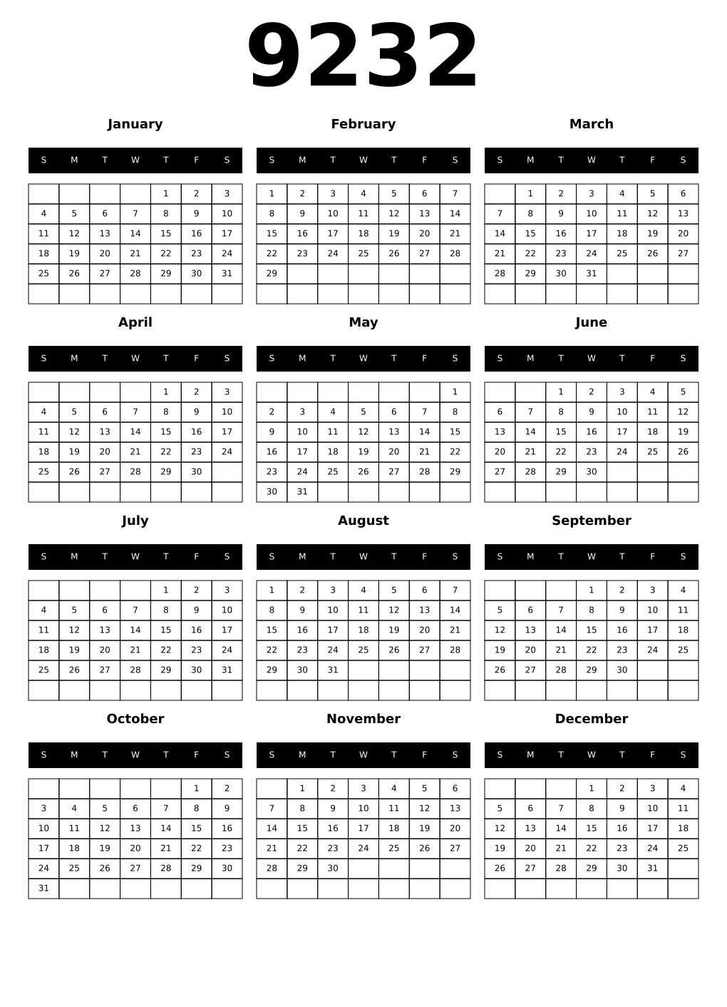 Printable 9232 Calendars