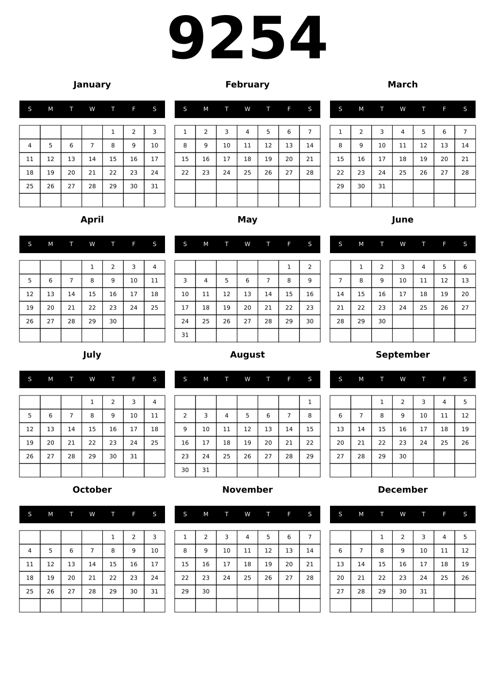 Printable 9254 Calendars
