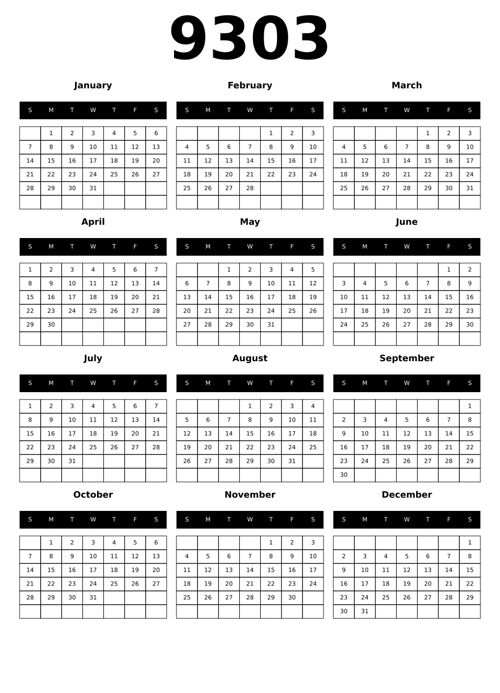 Printable 9303 Calendars