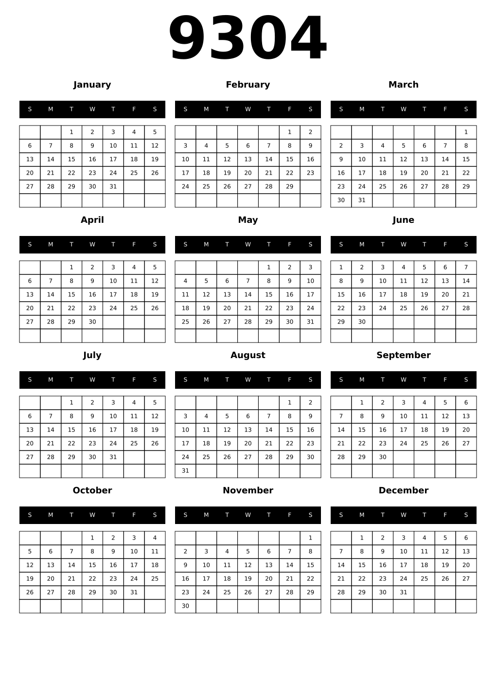 Printable 9304 Calendars