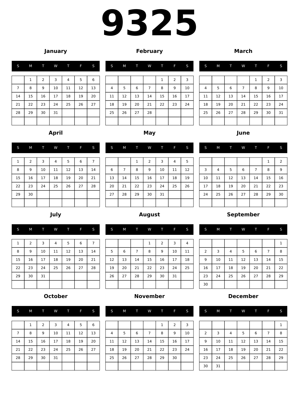 Printable 9325 Calendars