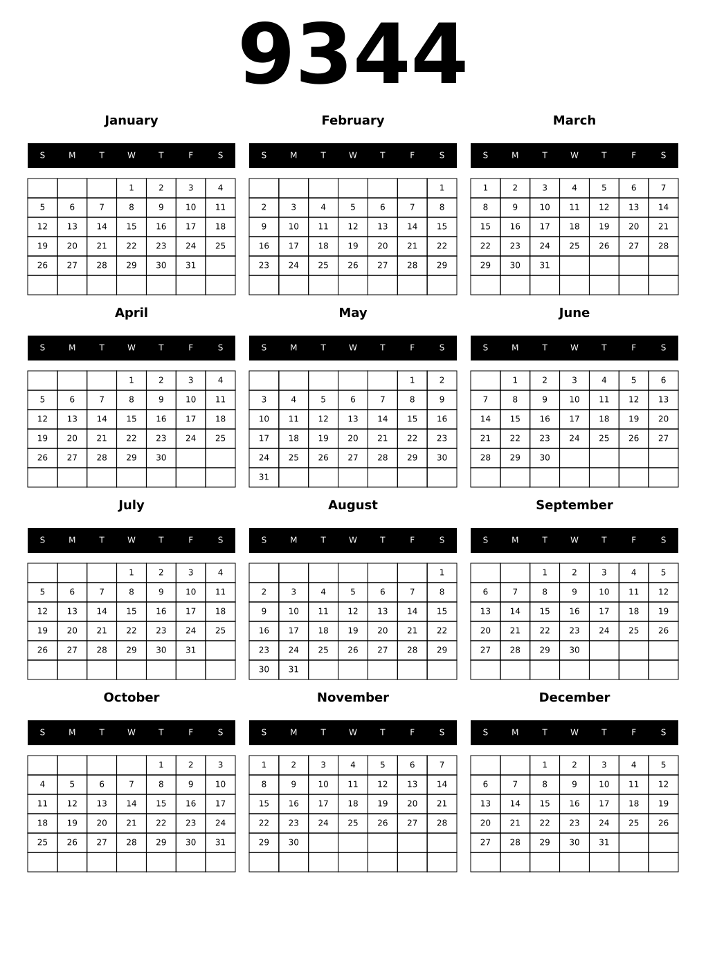 Printable 9344 Calendars