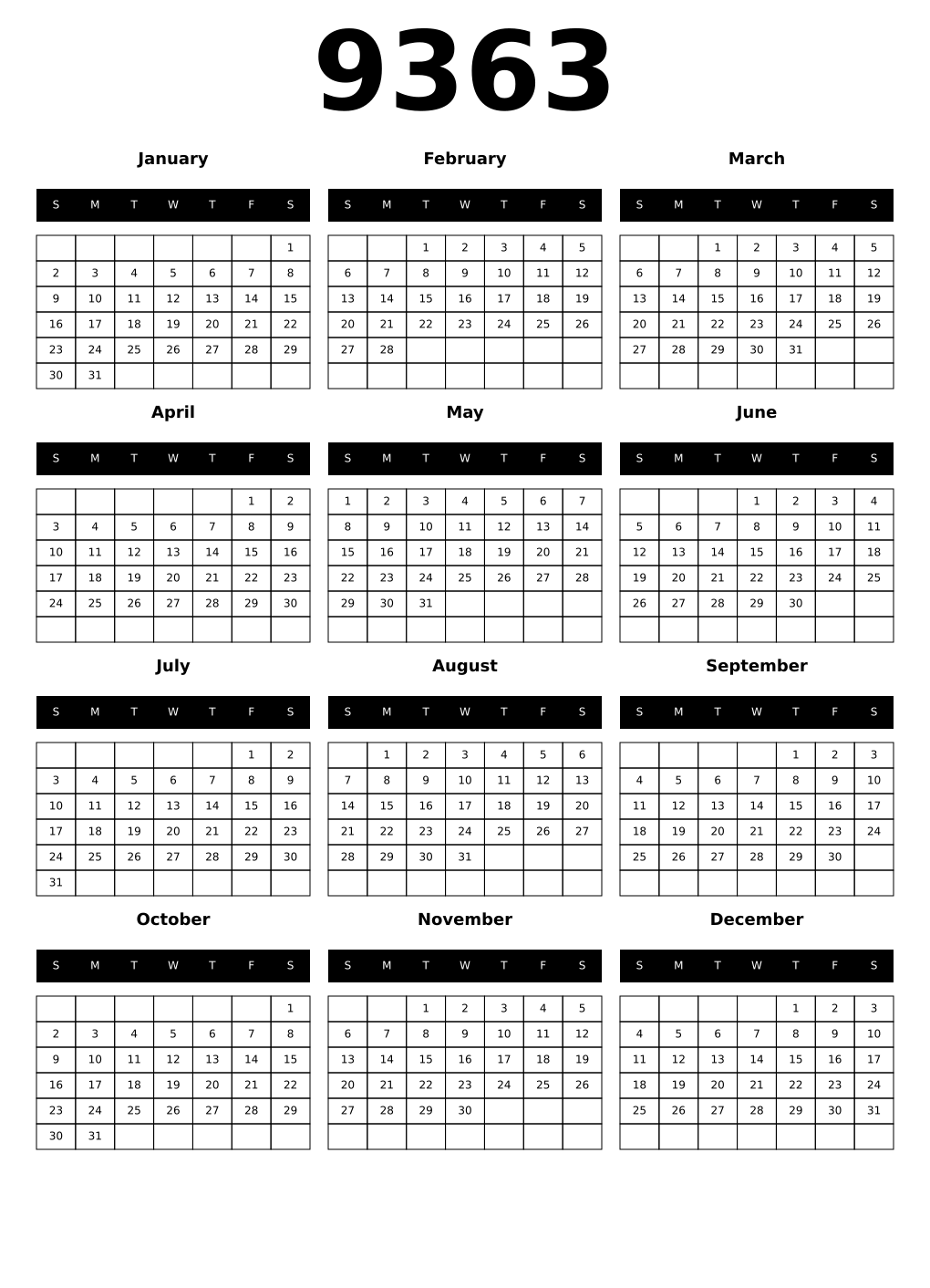 Printable 9363 Calendars