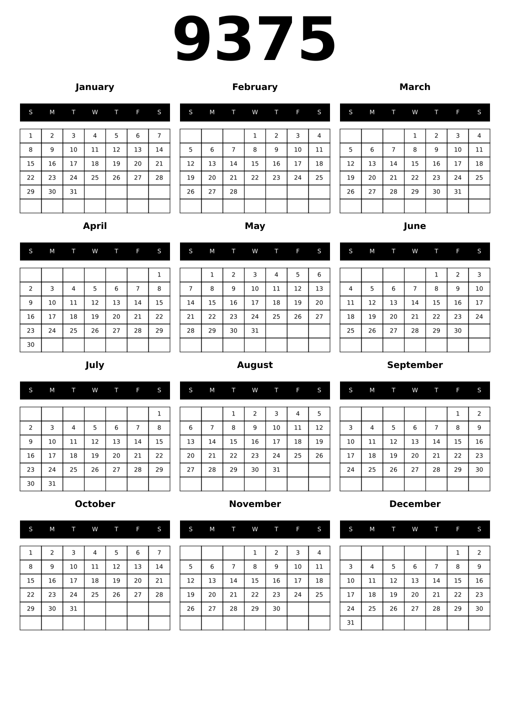 Printable 9375 Calendars