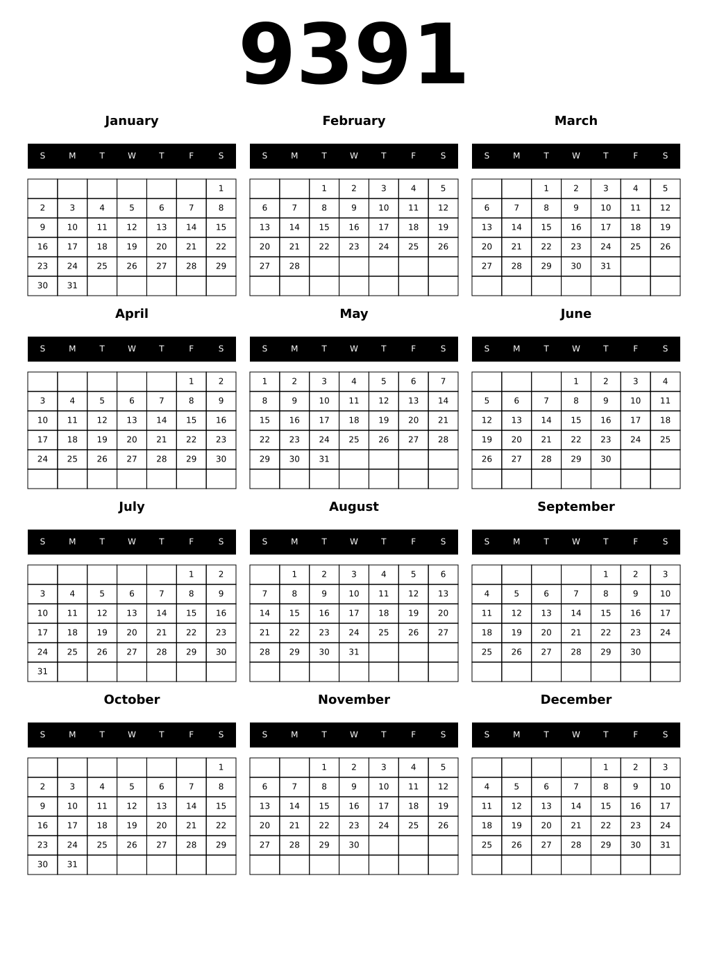 Printable 9391 Calendars