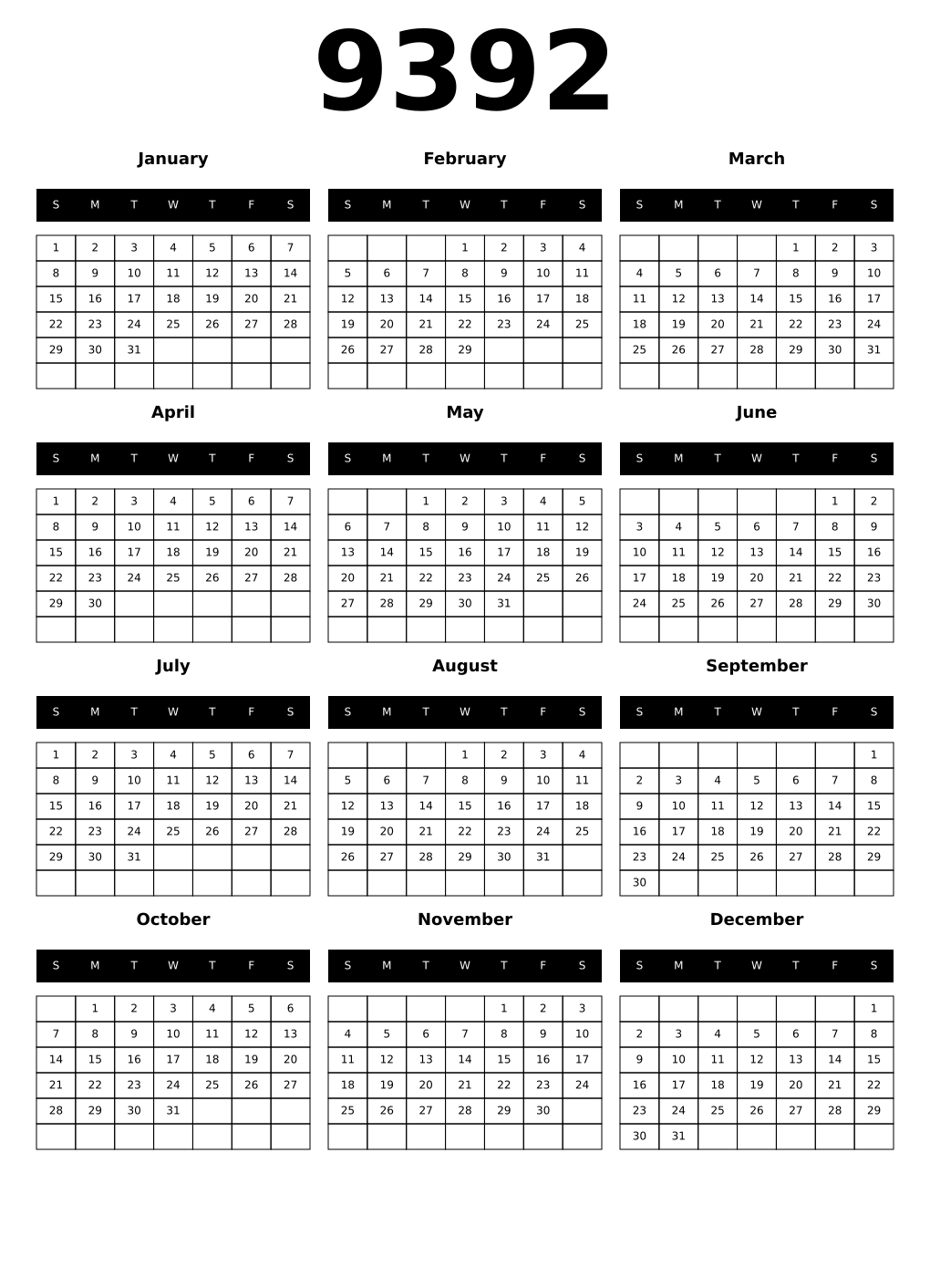 Printable 9392 Calendars