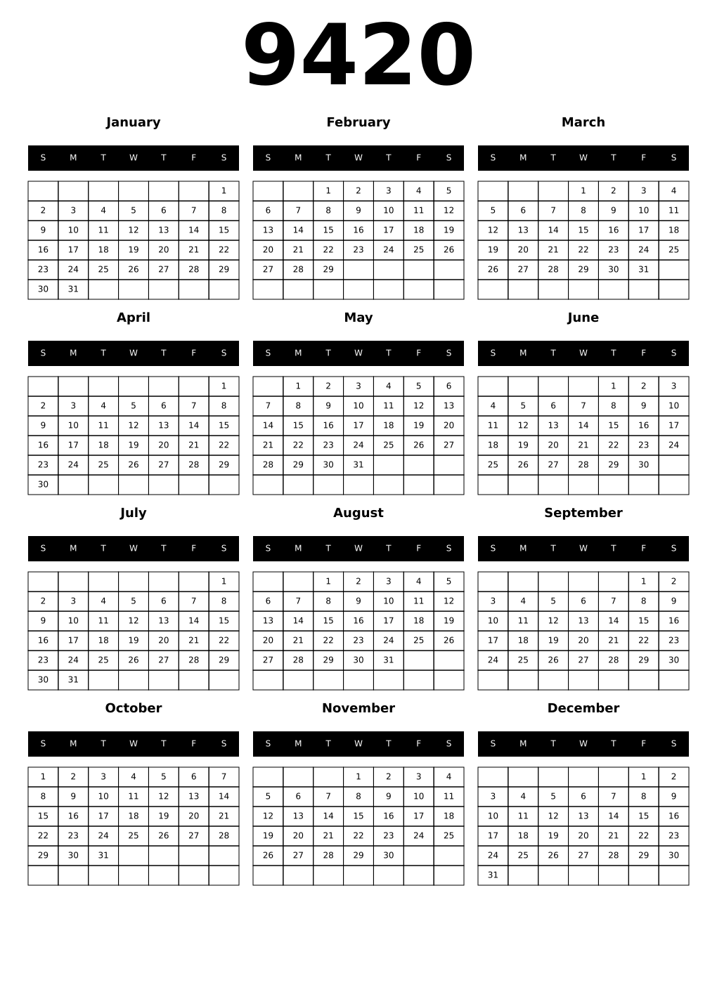 Printable 9420 Calendars