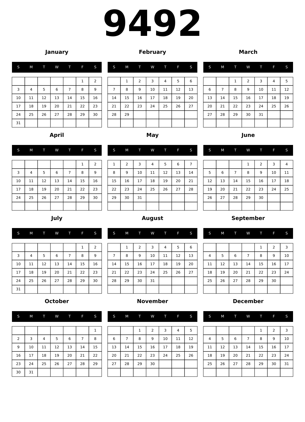Printable 9492 Calendars