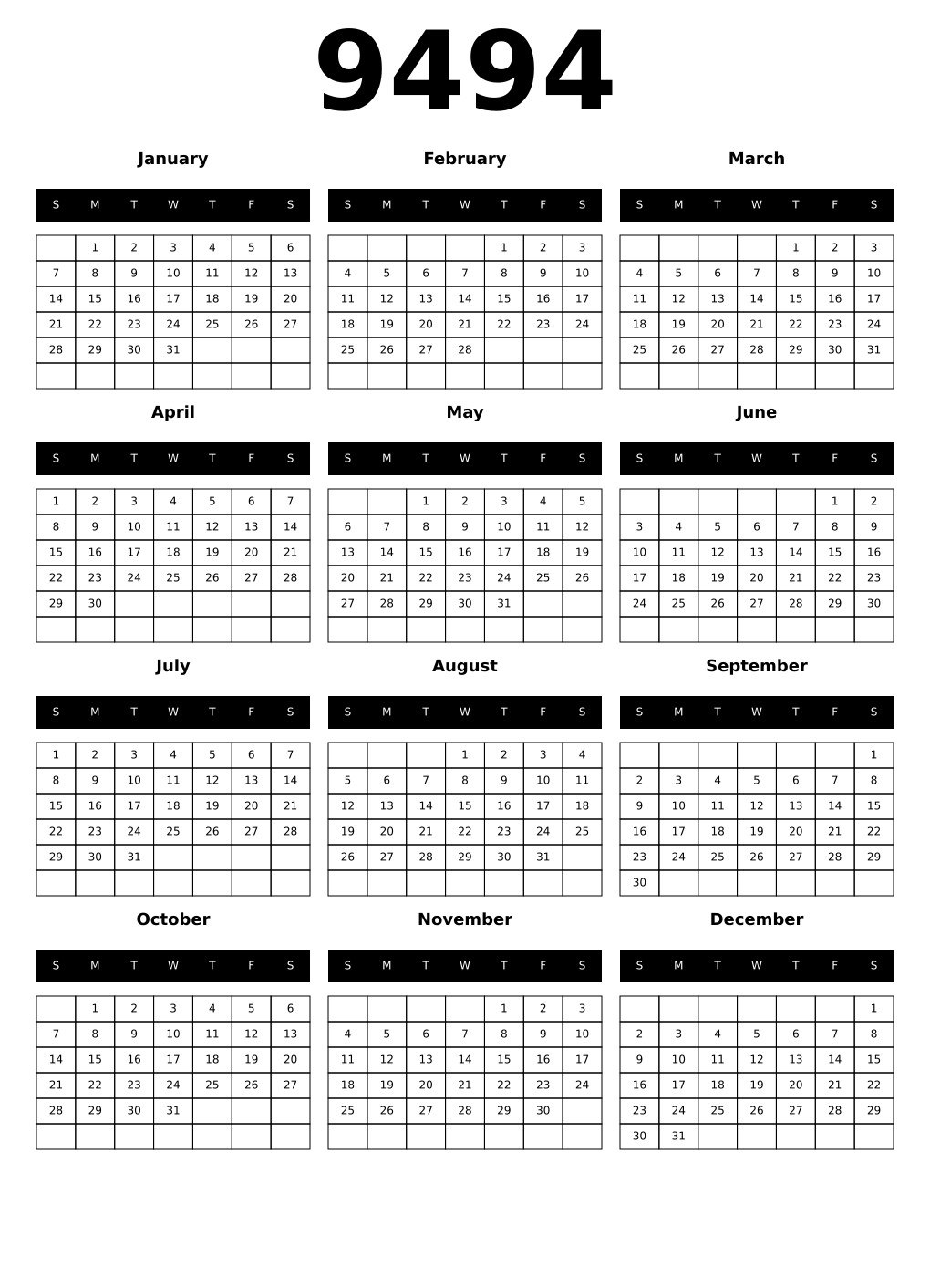 Printable 9494 Calendars