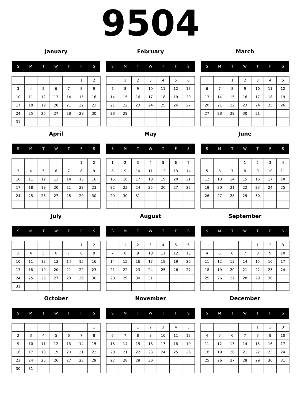 Printable 9504 Calendars