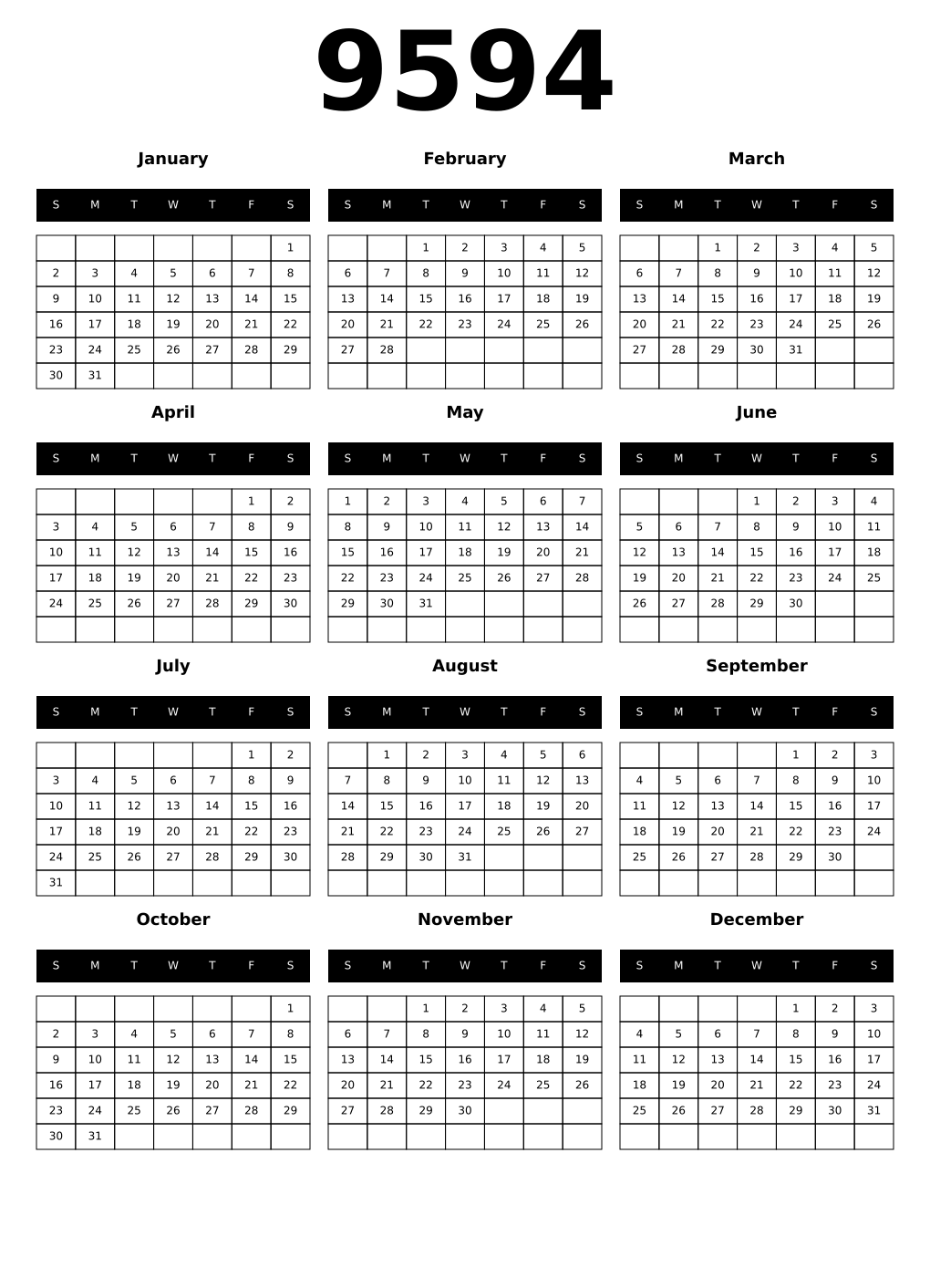 Printable 9594 Calendars