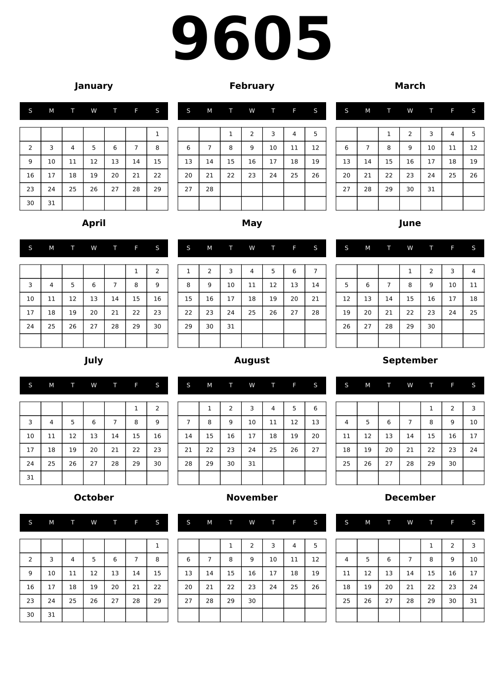 Printable 9605 Calendars