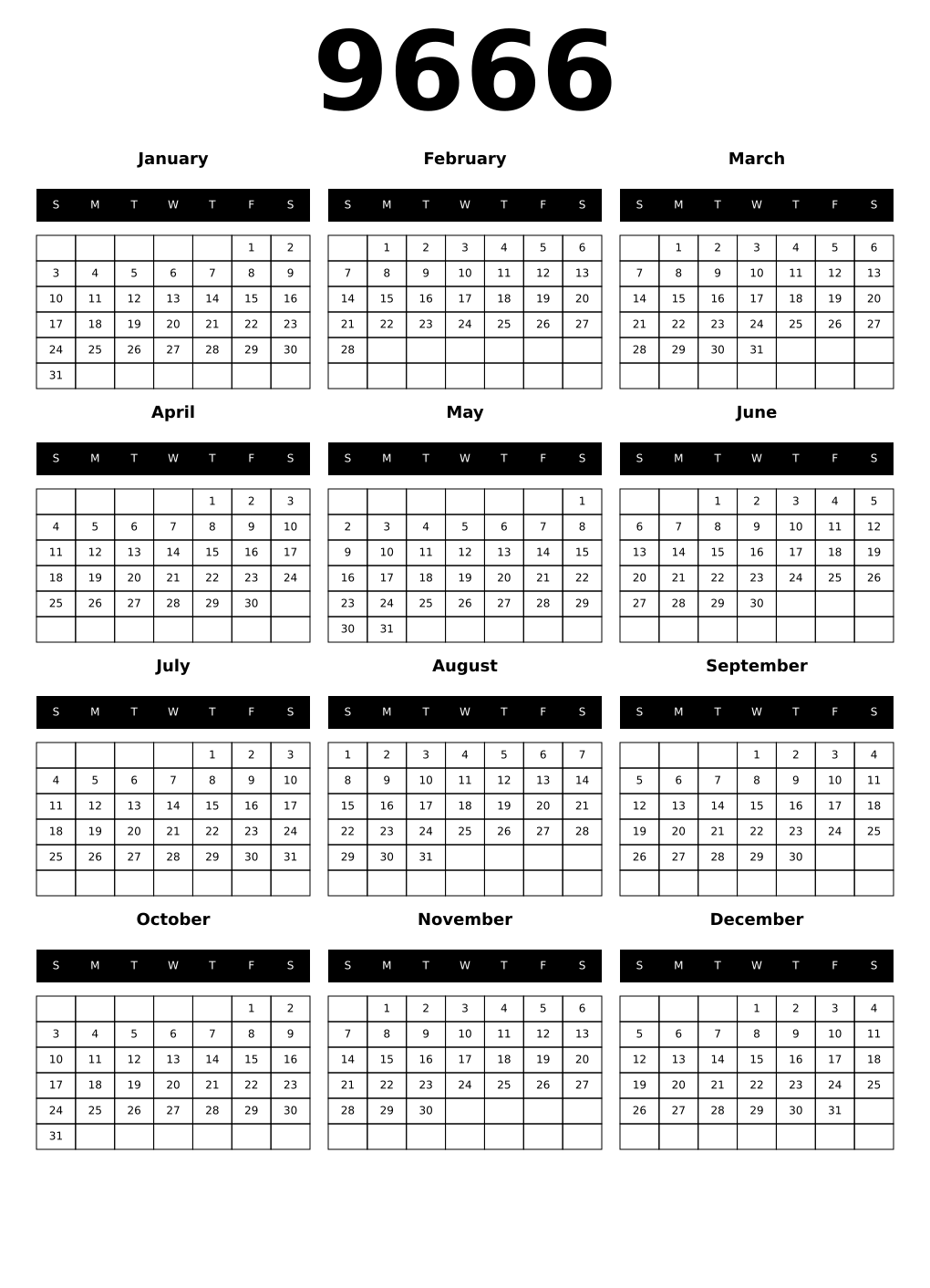 Printable 9666 Calendars