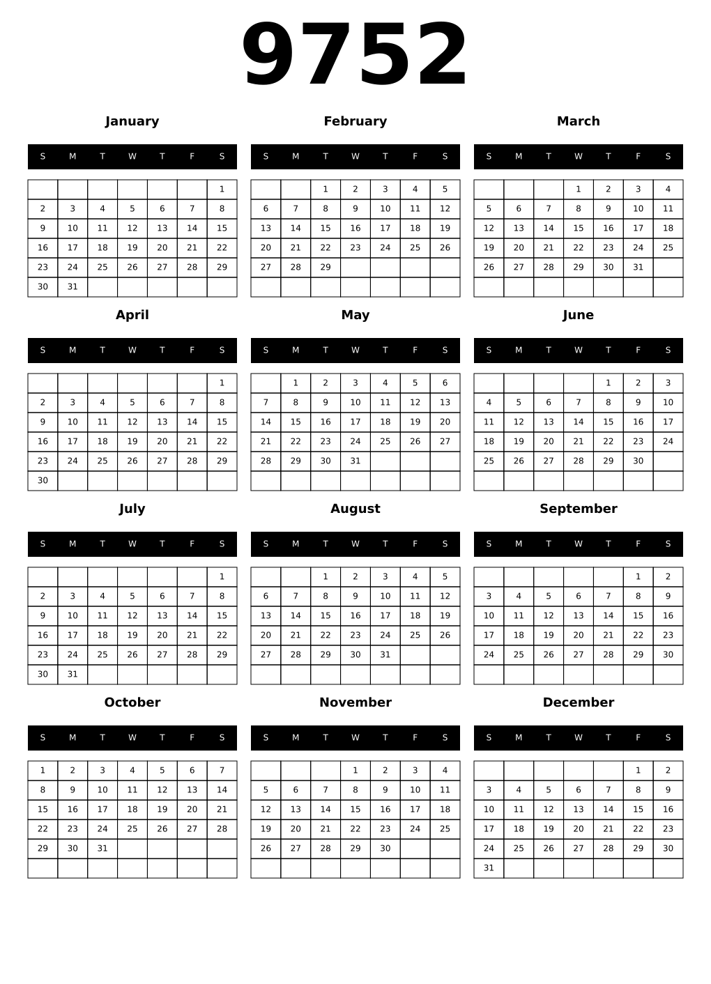 Printable 9752 Calendars