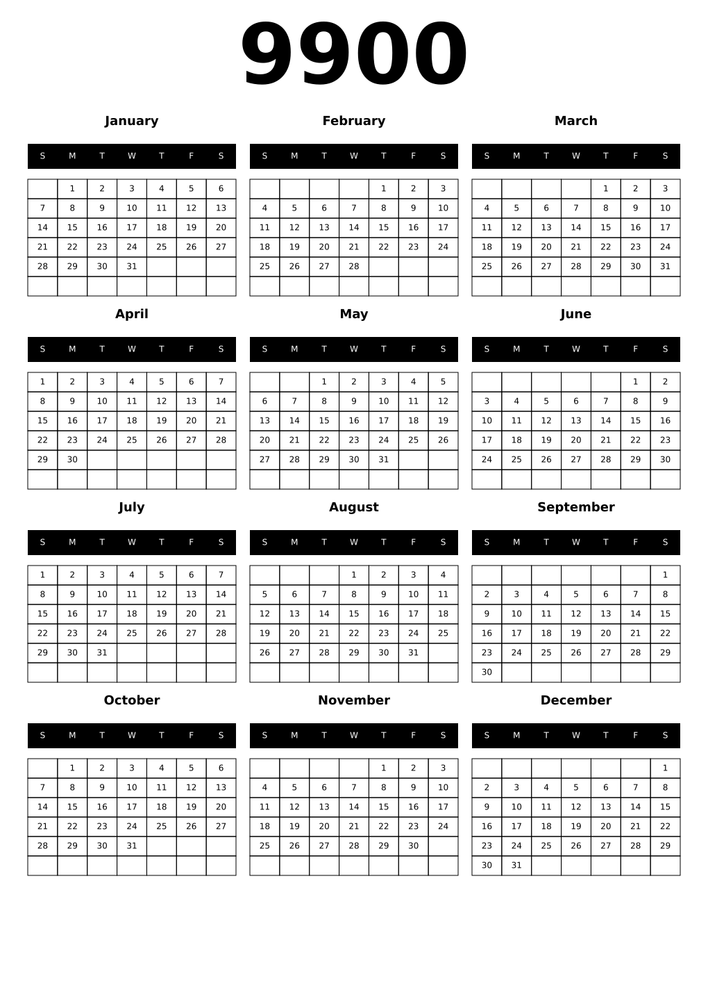 Printable 9900 Calendars