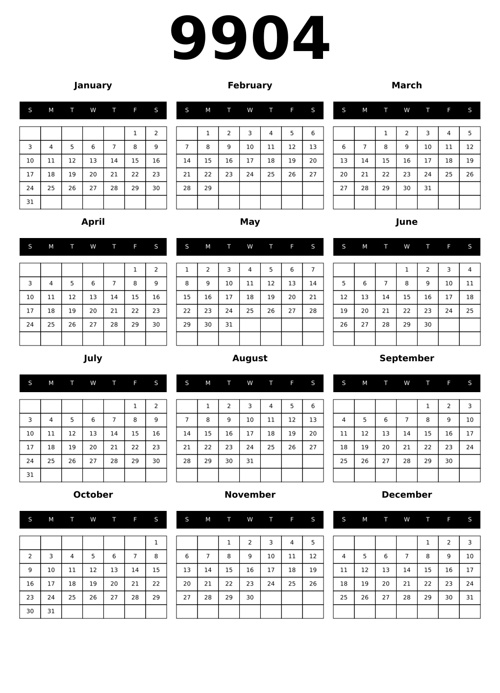 Printable 9904 Calendars