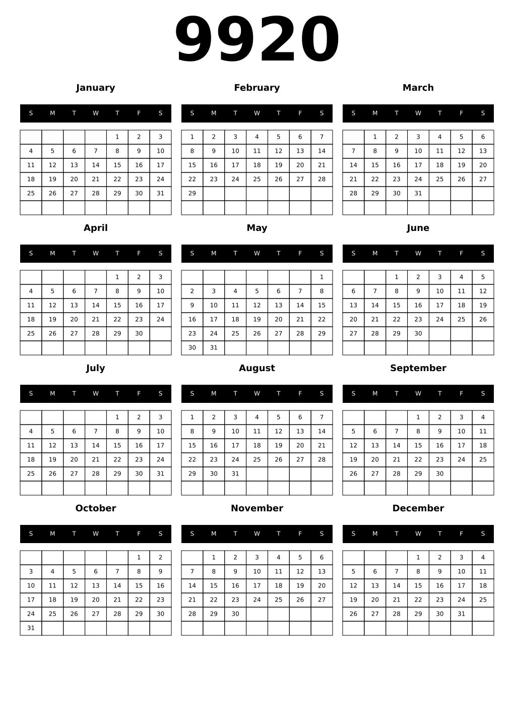 Printable 9920 Calendars