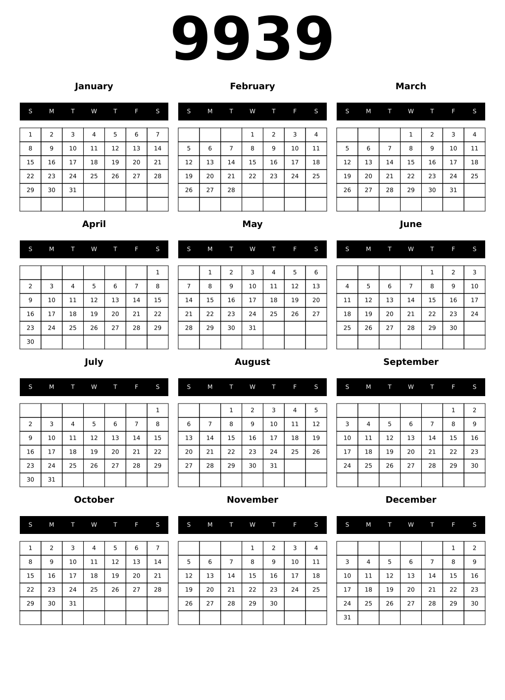 Printable 9939 Calendars