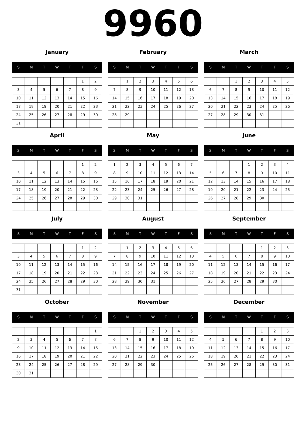 Printable 9960 Calendars