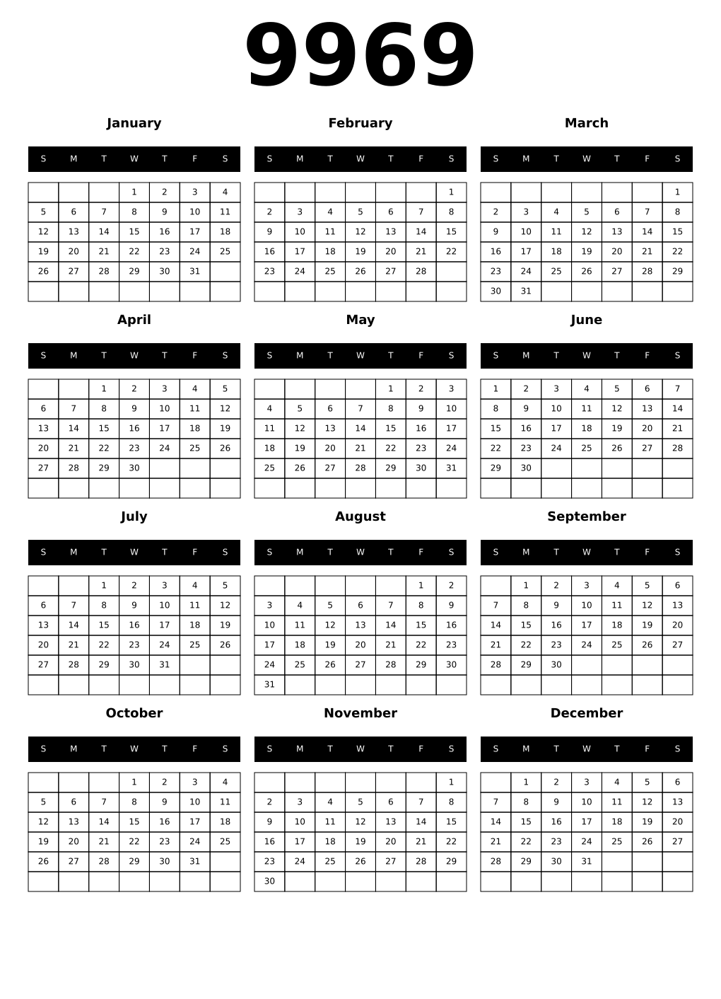 Printable 9969 Calendars