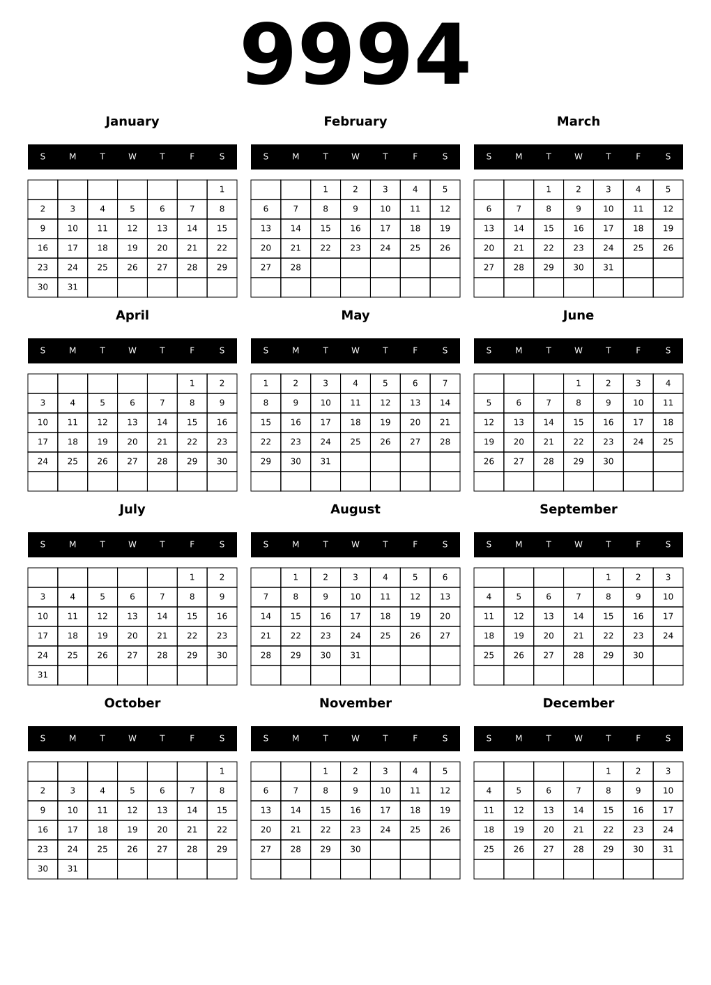 Printable 9994 Calendars