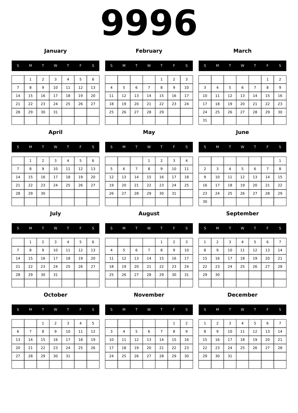 Printable 9996 Calendars