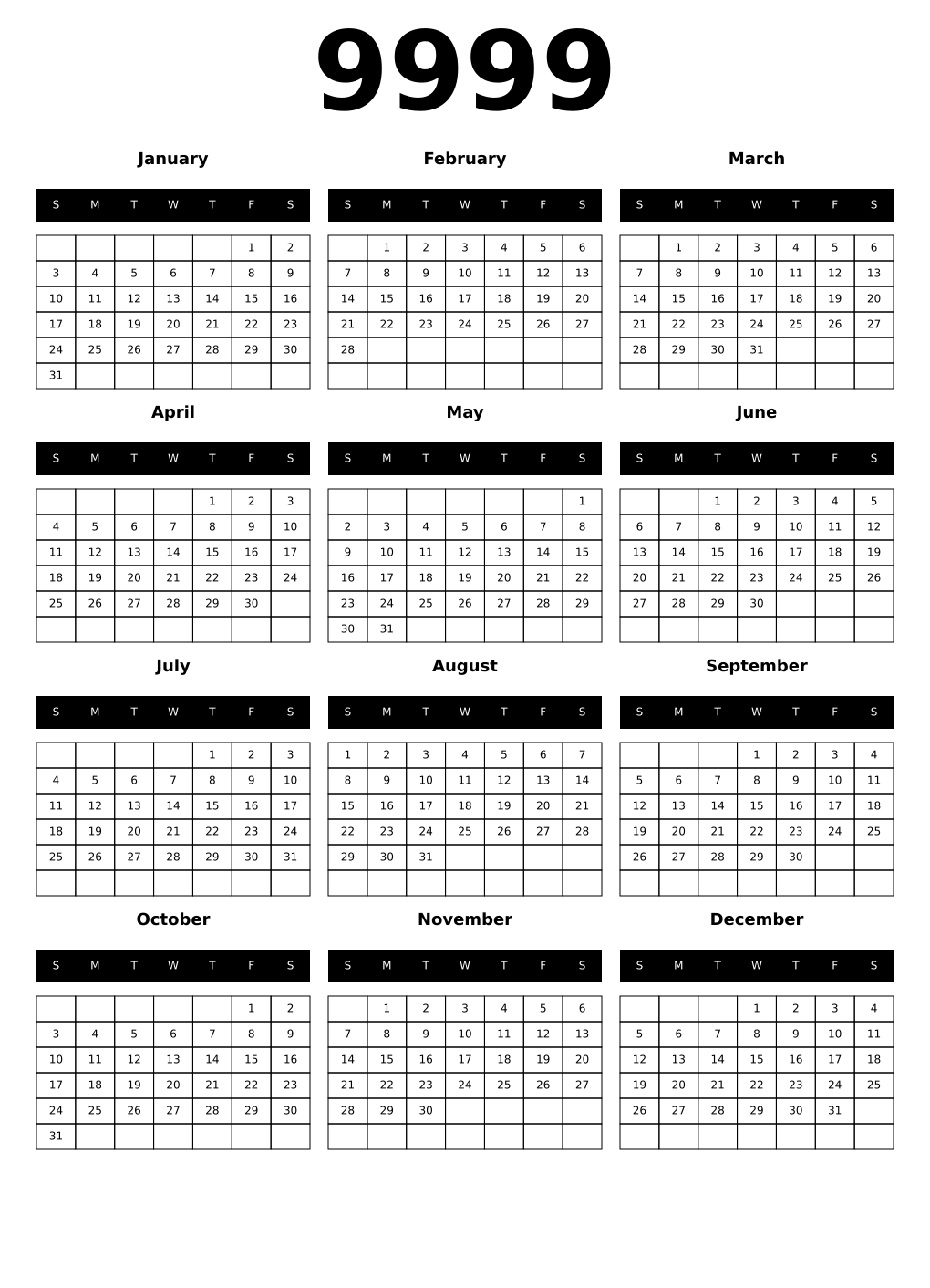 Printable 9999 Calendars