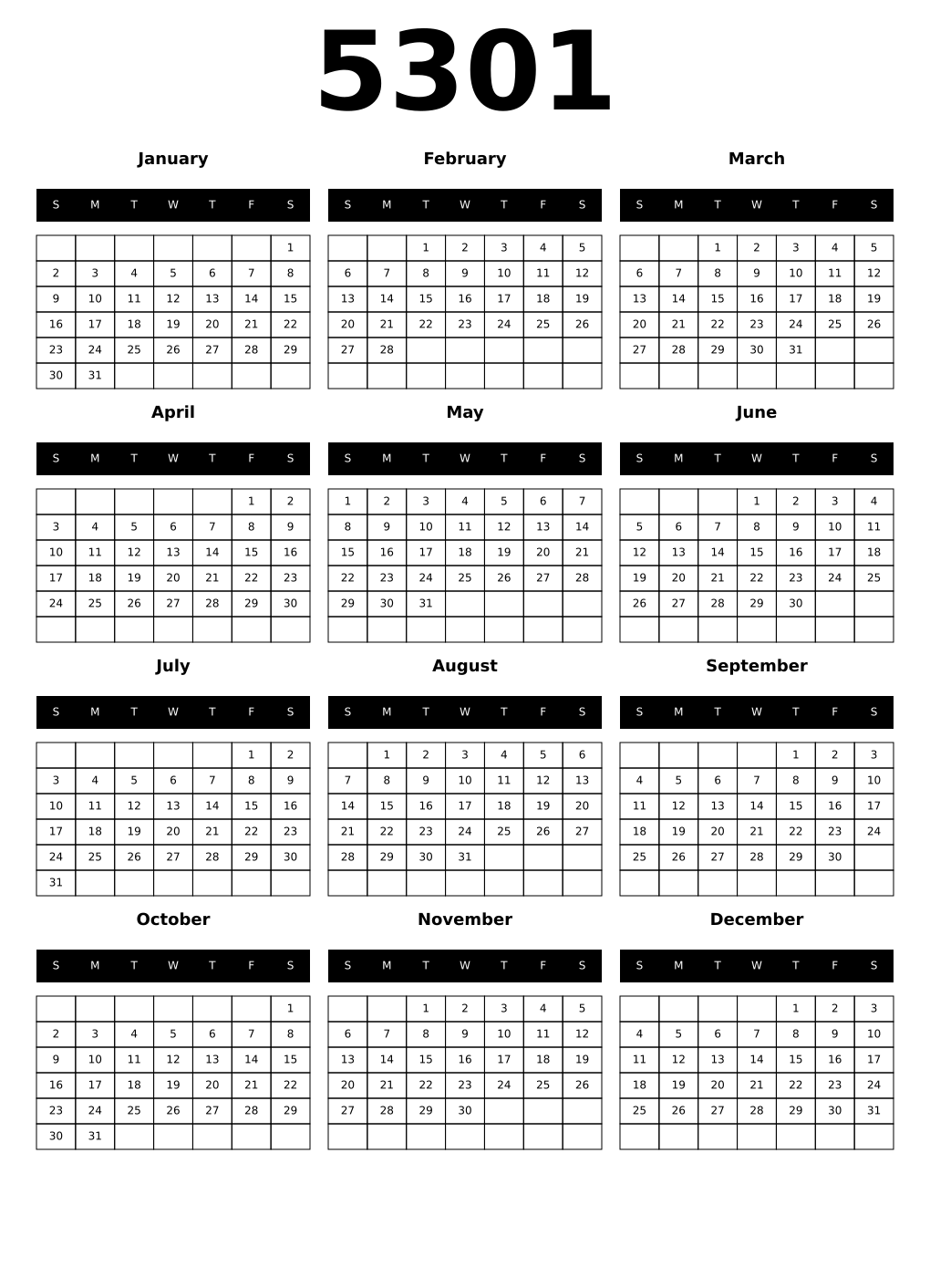 Printable 5301 Calendars