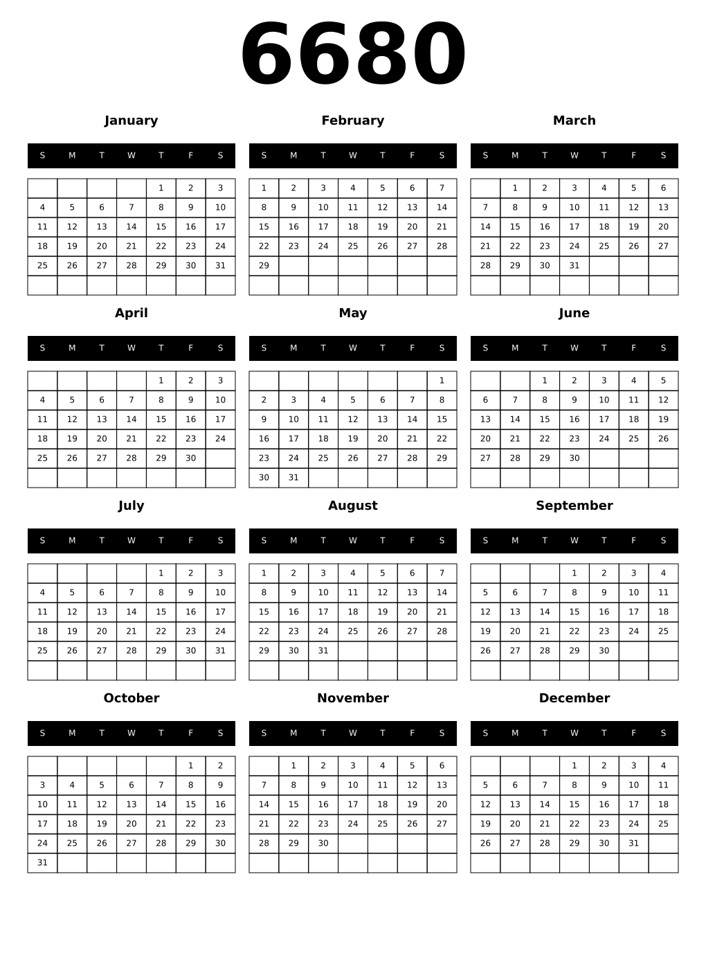Printable 6680 Calendars