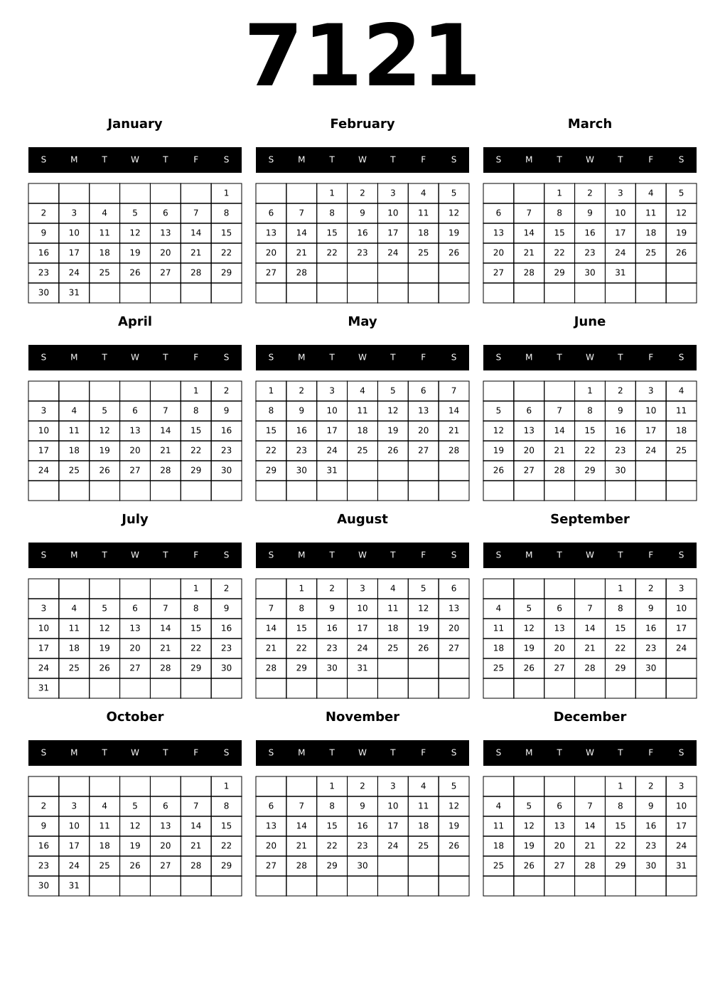 Printable 7121 Calendars