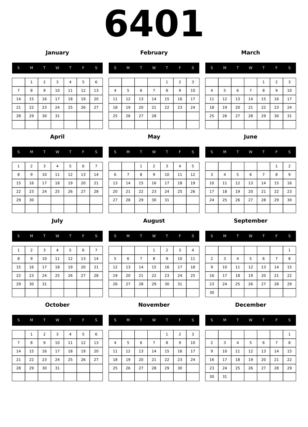 Printable 6401 Calendars