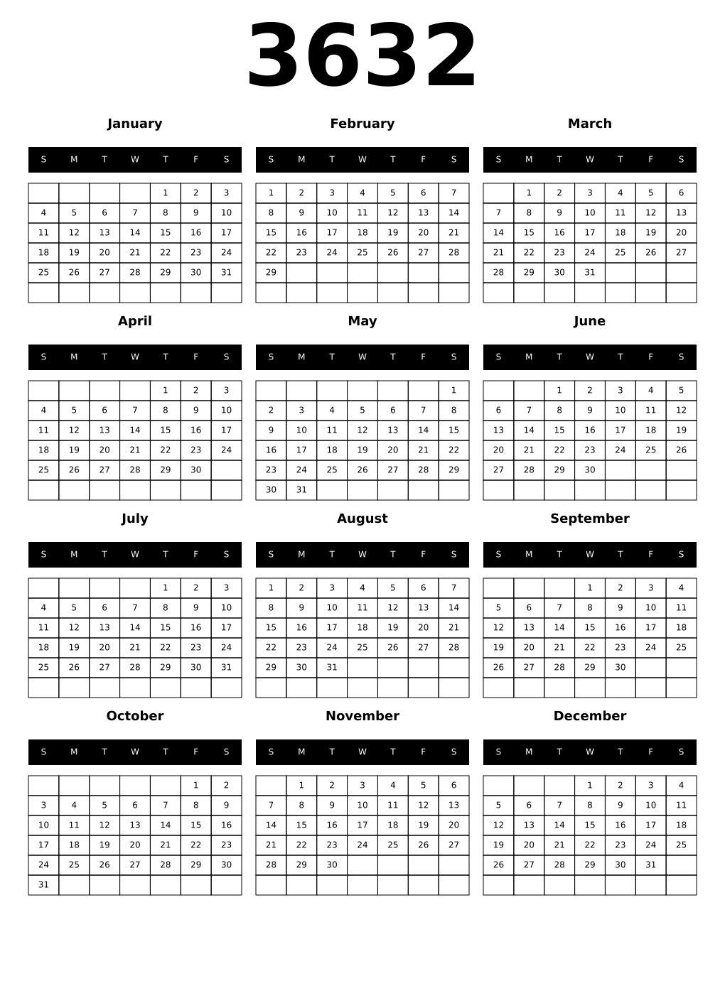 Printable 3632 Calendars