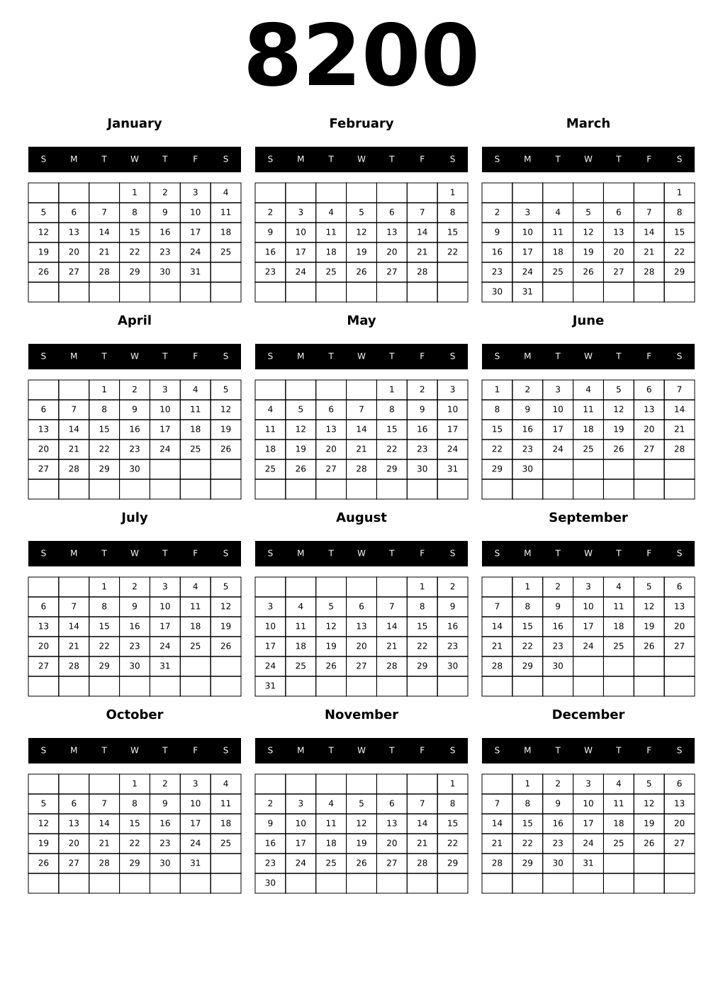 Printable 8200 Calendars