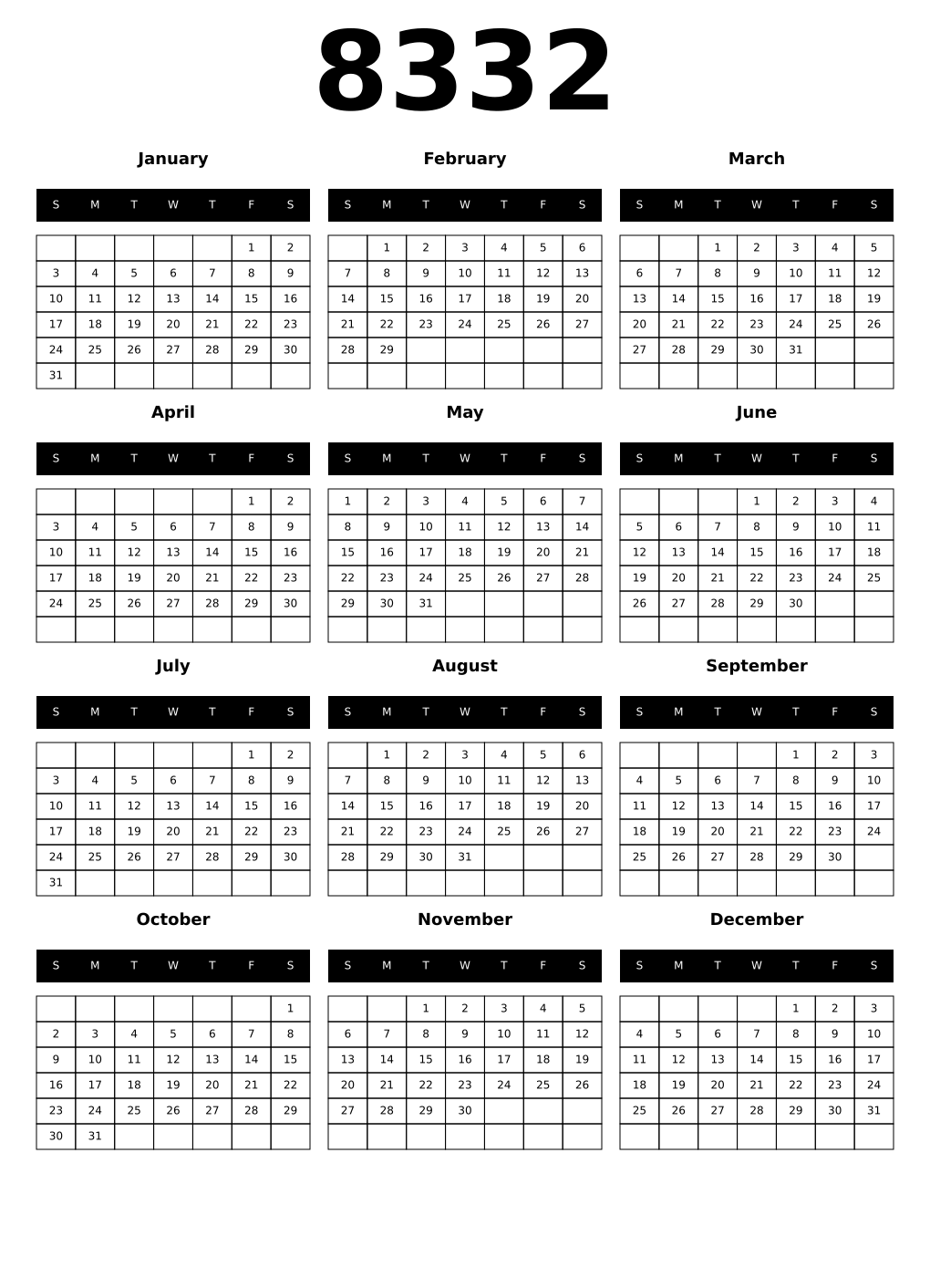 Printable 8332 Calendars