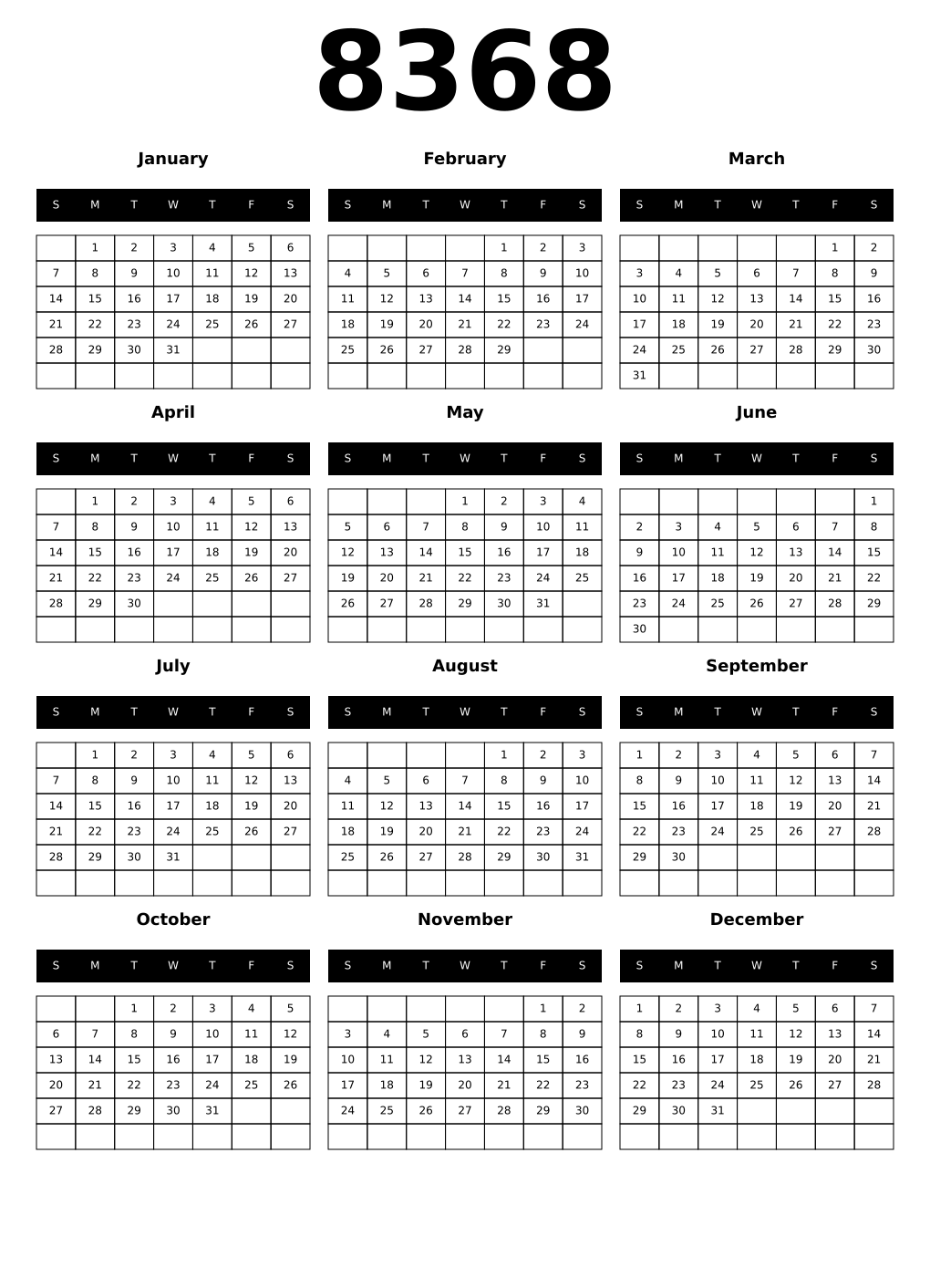 Printable 8368 Calendars