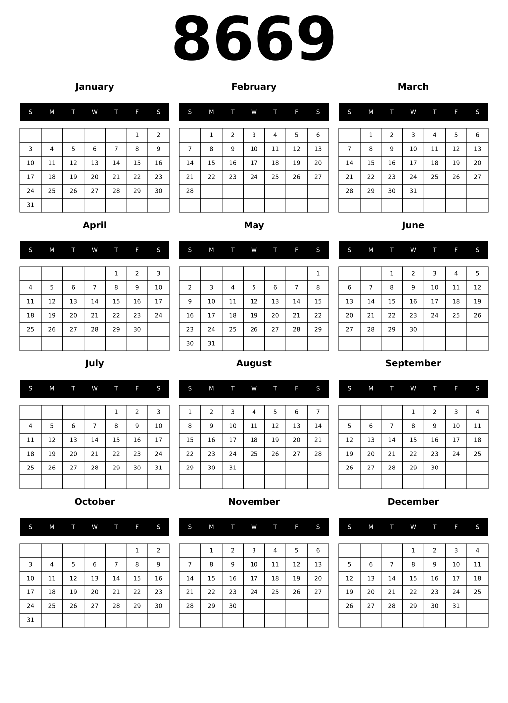 Printable 8669 Calendars