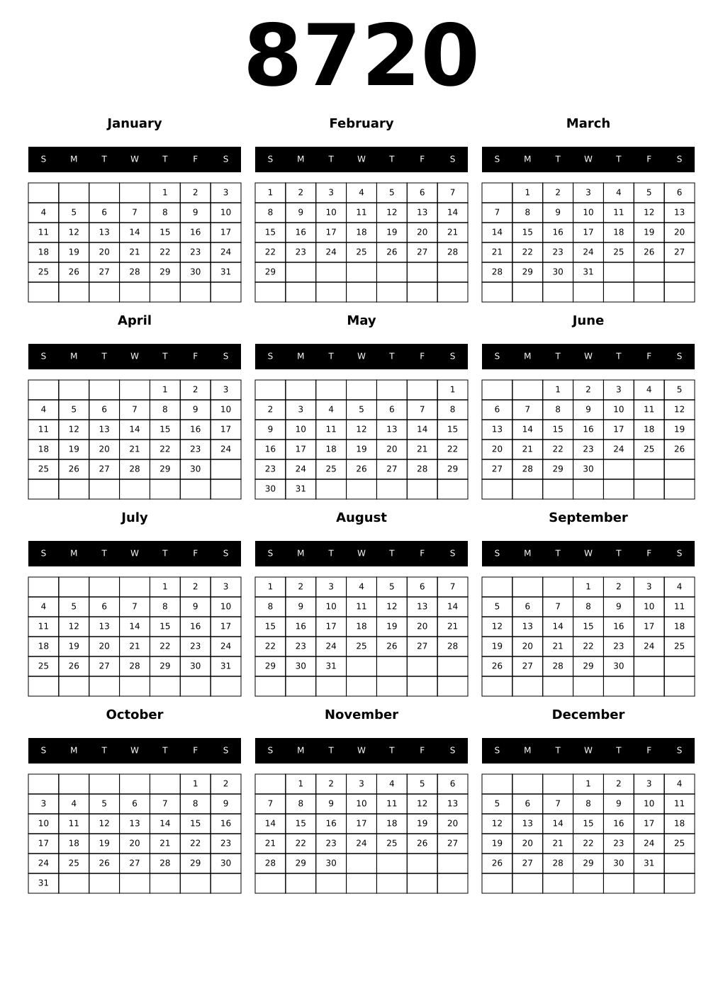 Printable 8720 Calendars