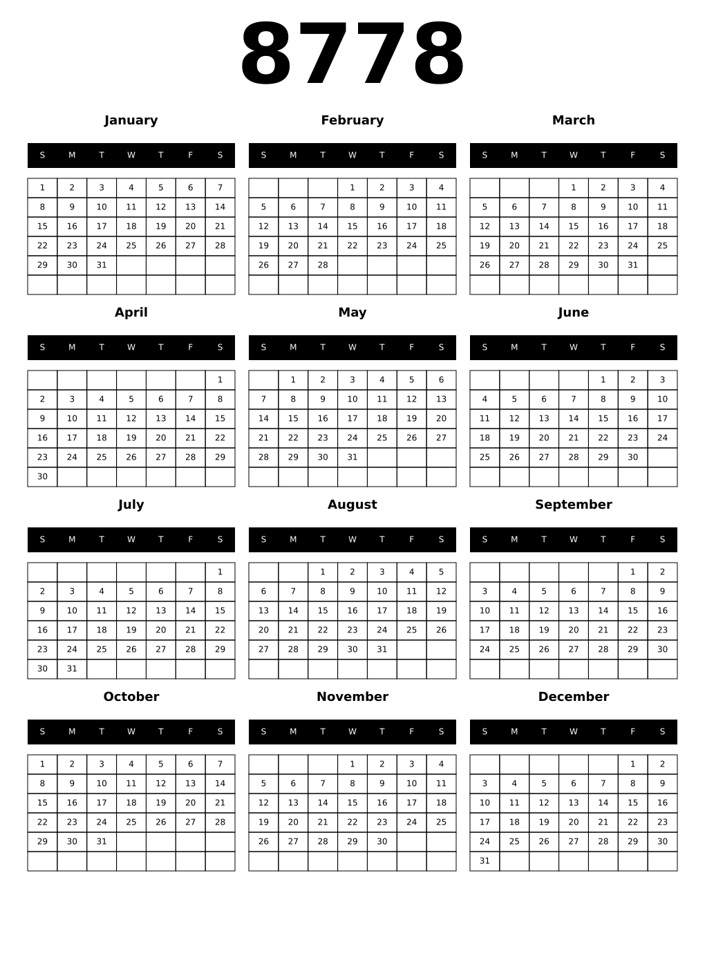 Printable 8778 Calendars