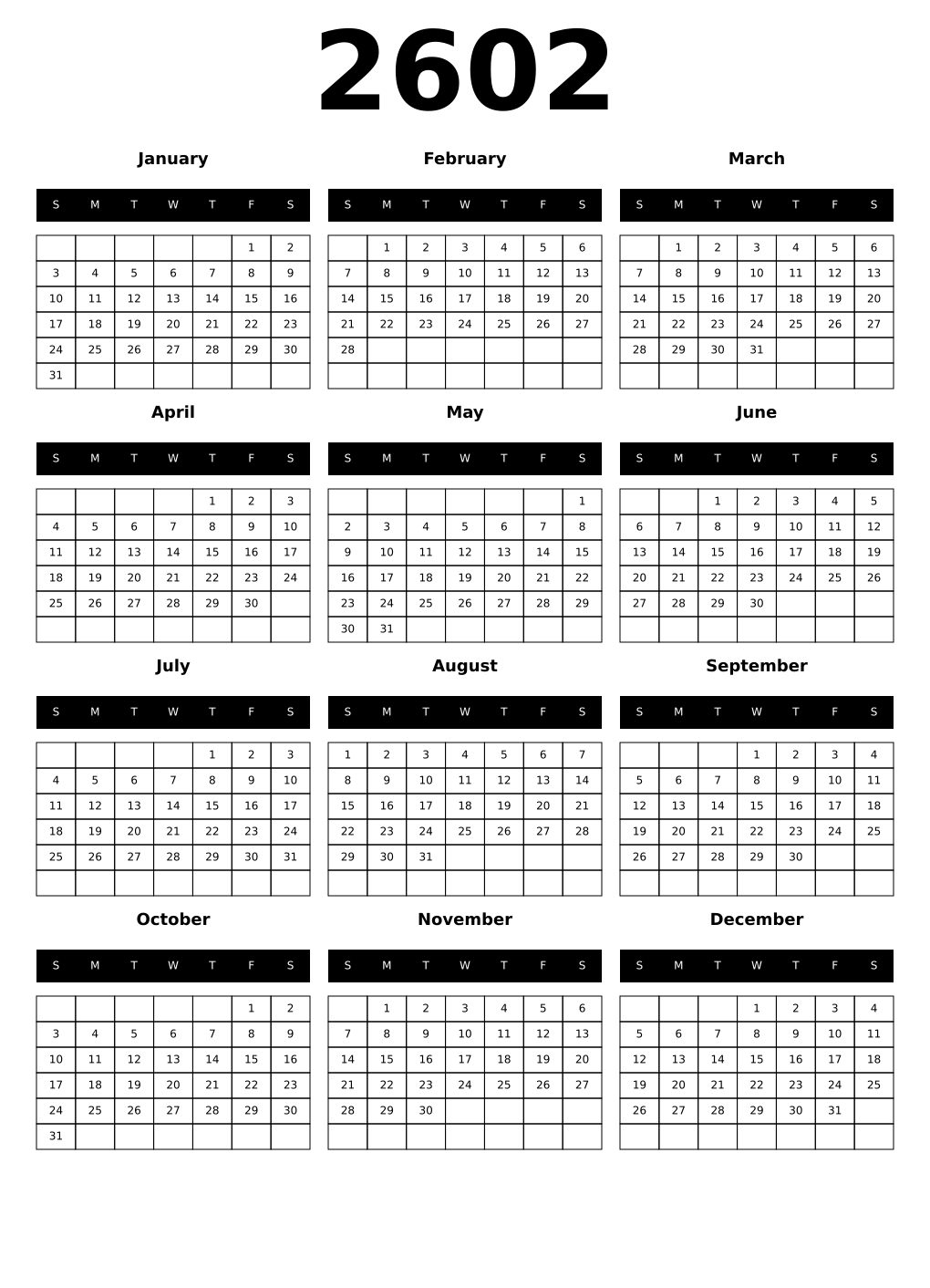Printable 2602 Calendars
