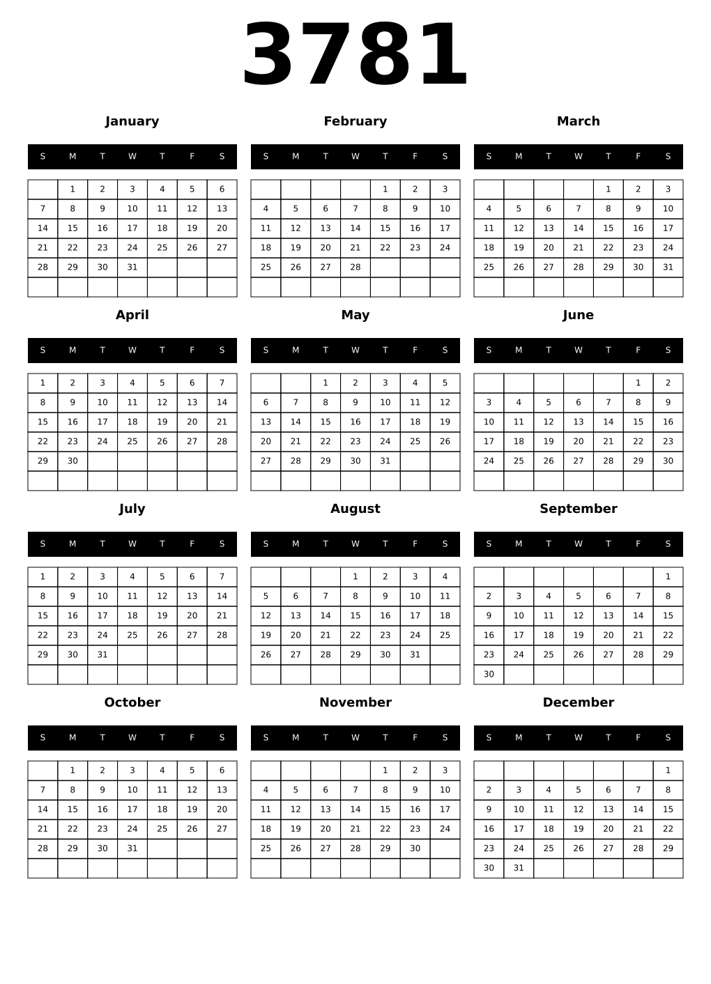 Printable 3781 Calendars