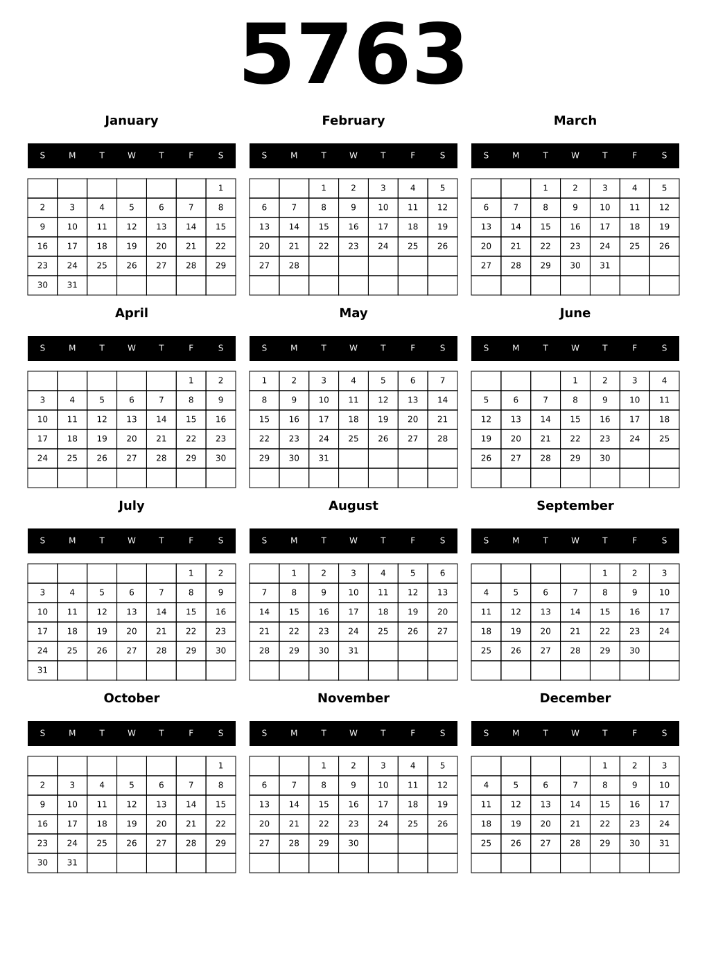 Printable 5763 Calendars