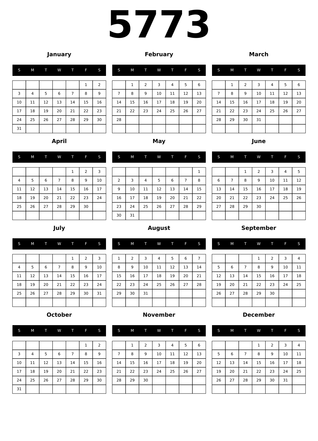 Printable 5773 Calendars